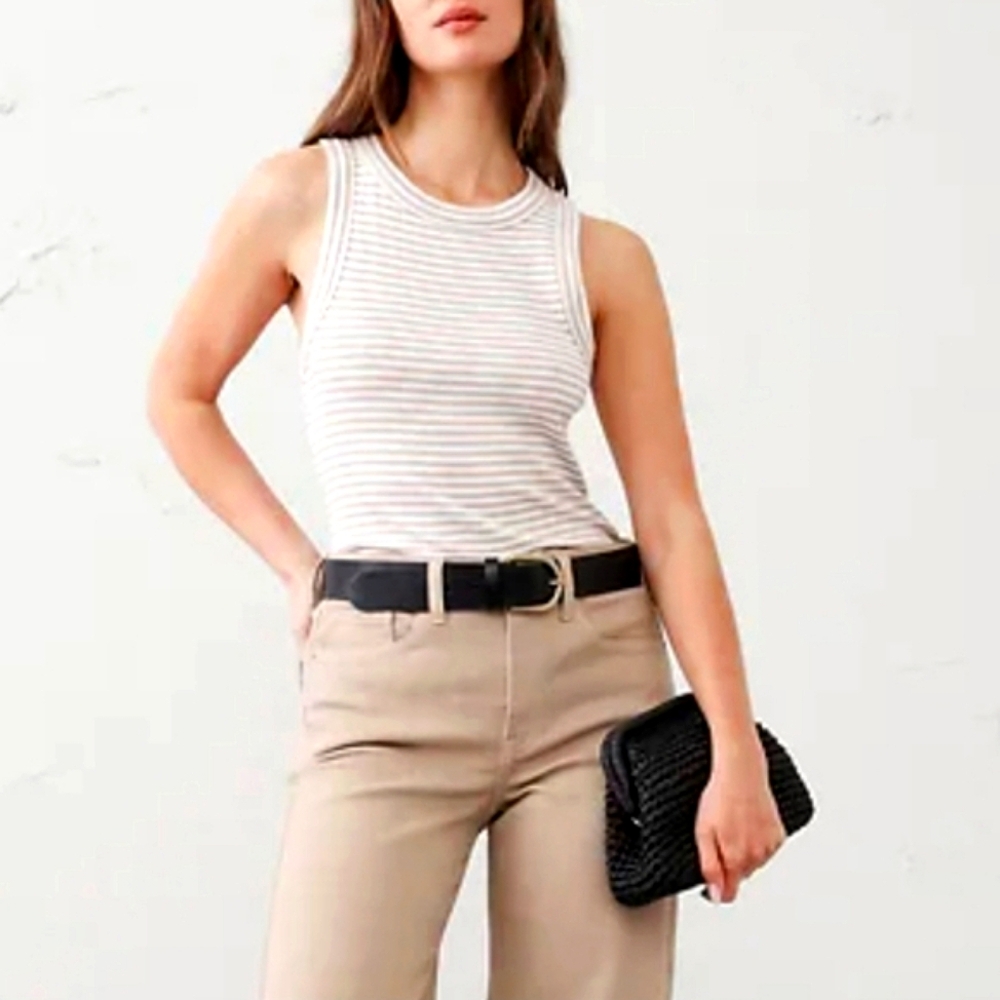 BANANA REPUBLIC Ribbed Racer Tank In Tan/White - Picture 2 of 5